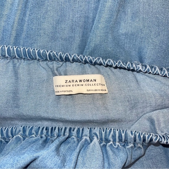Zara Denim Dress Size Medium Blue Tiered Puff Sleeves Mini Off-The-Shoulder Jean - Picture 8 of 9